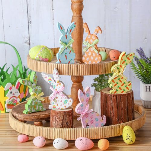 Thinkday 6 Pcs Easter Bunny Wooden Signs Rabbit Spring Table Signs for Home Office Table Wood Bunny Easter Decorations Sign with Ribbons for Tiered Tray Mantel Shelf, Farmhouse Party Supplies