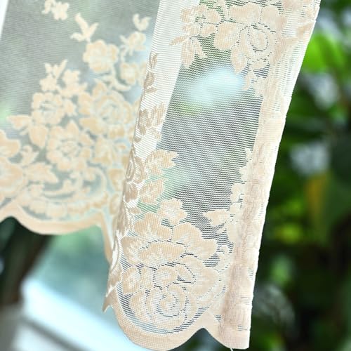 Kotile Beige Lace Valance Curtain for Kitchen Window W52 x L18 Inch 1 Panel - color: Beige