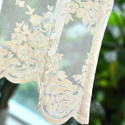Kotile Beige Lace Valance Curtain for Kitchen Window W52 x L18 Inch 1 Panel - color: Beige