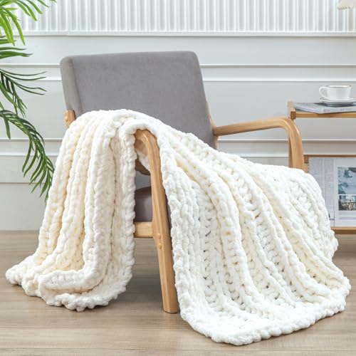 WESHIONGOO Chunky Knit Blanket Throw for Couch Bed 40"×60" Cream White - color: Cream White, size: 40"x60"(Medium Size Throw)