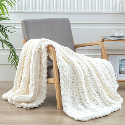 WESHIONGOO Chunky Knit Blanket Throw for Couch Bed 40"×60" Cream White - color: Cream White, size: 40"x60"(Medium Size Throw)
