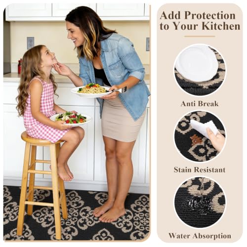 U'Artlines 3-Piece Kitchen Rug Set Damask Medallion Floor Mats - color: Damask Black
