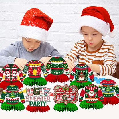 9 Pcs Ugly Sweater Party Decorations Honeycomb Centerpiece - style: Christmas Ugly Sweater Party