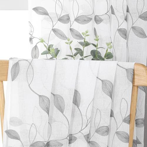 Tollpiz Grey Leaf Sheer Curtain Bedroom Short 38 x 45 Inches - color: Grey, size: 38"W x 45"L (Pack of 2)