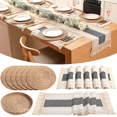 Boho Table Runner and Placemats Set, 6 Sets, Gray, 12x72 - color: Gray, size: 12x72"