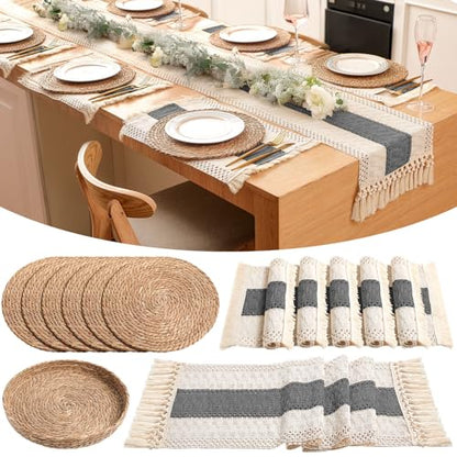 Boho Table Runner and Placemats Set, 6 Sets, Gray, 12x72 - color: Gray, size: 12x72"