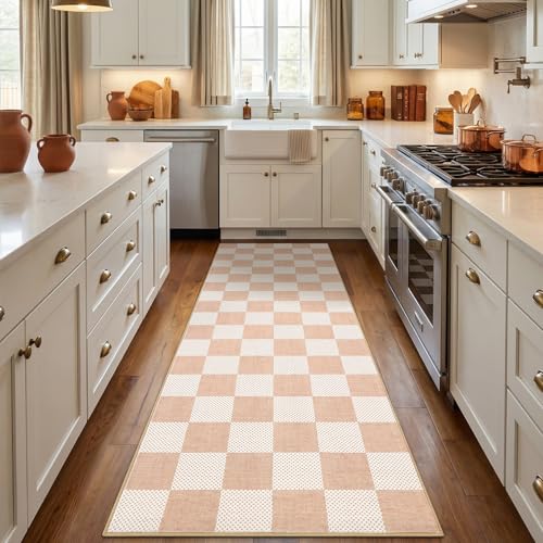 GarveeHome Checkered Blush Beige 2x6 Washable Low-Pile Kitchen Runner Rug - color: Blush Beige, size: 2' x 6' (Rectangular)