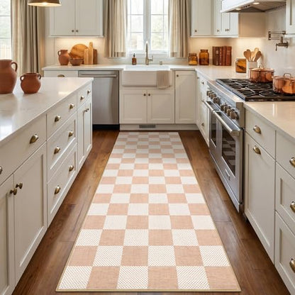 GarveeHome Checkered Blush Beige 2x6 Washable Low-Pile Kitchen Runner Rug - color: Blush Beige, size: 2' x 6' (Rectangular)