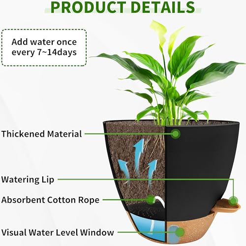 12/10/9/8 inch Self Watering Pots with Visual Water Window, Extra Large Self Watering Plant Pot with Drainage Holes and Saucers, Black Flower Pots for Indoor Plants - color: Black