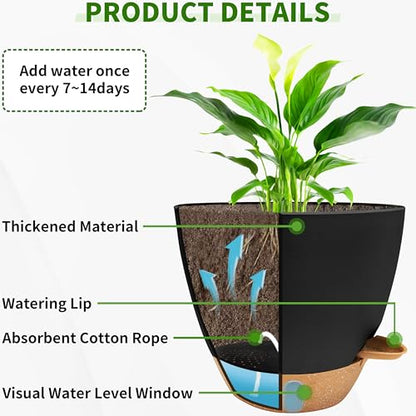 12/10/9/8 inch Self Watering Pots with Visual Water Window, Extra Large Self Watering Plant Pot with Drainage Holes and Saucers, Black Flower Pots for Indoor Plants - color: Black