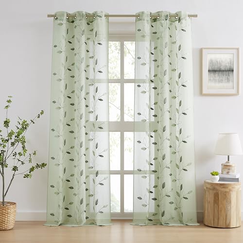 Bujasso Embroidered Leaf Sheer Curtains, Sage Green 38" Wx96 Lx2 - color: Sage Green, size: 38"W x 96"L (Pack of 2)