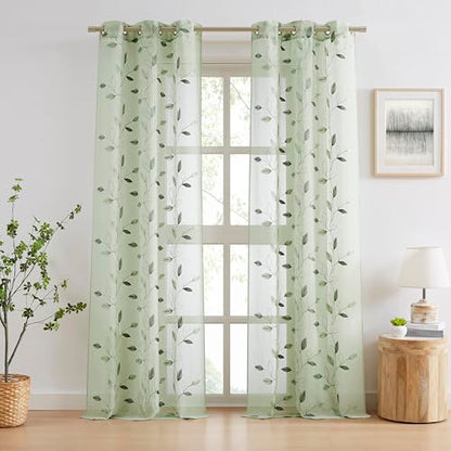 Bujasso Embroidered Leaf Sheer Curtains, Sage Green 38" Wx84 Lx2 - color: Sage Green, size: 38"W x 84"L (Pack of 2)