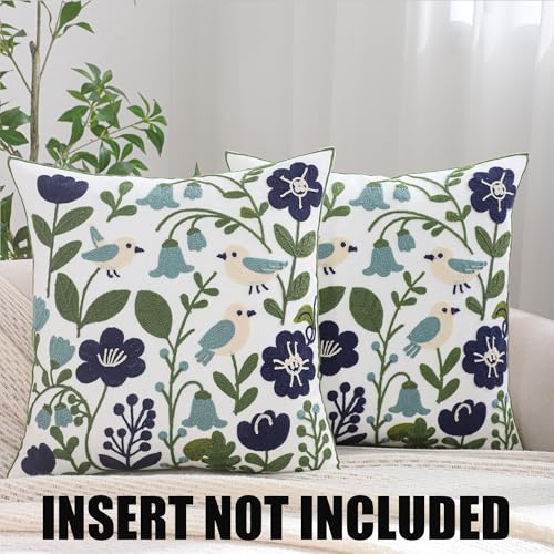 Embroidered Throw Pillow Covers 18x18 inch Pack of 2 Navy Blue Birds - color: Green Leaves With Birds