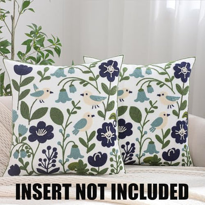 Embroidered Throw Pillow Covers 18x18 inch Pack of 2 Navy Blue Birds - color: Green Leaves With Birds