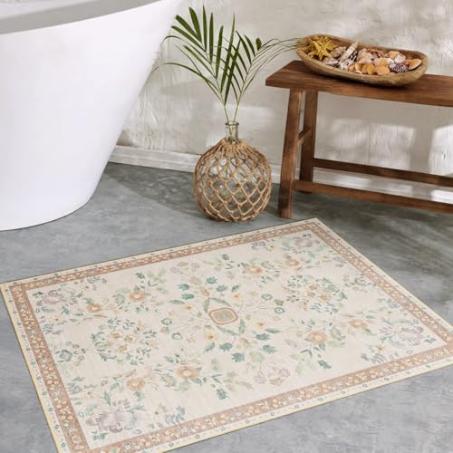 MUJOO Small Rug Washable 2x3 Area Rugs Non Slip Ultra-Thin Floral - color: Beige, size: 2' x 3' (Rectangular)