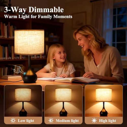 ONEWISH Touch Bedside Lamp for Bedroom, 3-Way Dimmable Table Lamps for Nightstand with Cylindrical Fabric Shade, Desk Lamp for Living Room, End Tables, Home Office - color: Beige Linen Drum Shade & Black Base