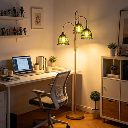 3-Light Glass Floor Lamp Green Shade 70" Gold Dimmable Tall Standing Lamp - color: Green Lace-Gold
