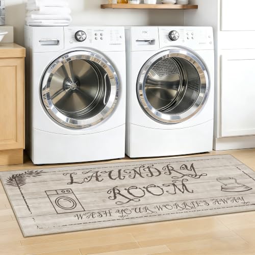 TOPRUUG Laundry Room Rug 20"x60": Low Pile Boho Non-Slip Runner Rug with TPR Backing, Washable Durable Soft Laundry Mat, Water Resistant Floor Mat for Laundry Room, Fits Washer Front 20"x60"Beige Wood - color: Beige Wood Tone, size: 1'8" x 5' (Rectangular