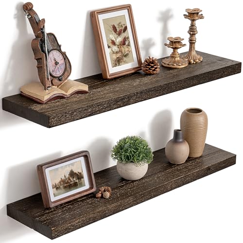 RICHFOCUS 30inch Walnut Floating Shelves for Wall, 8" Deep High End Solid Real Wood Wall Shelves for Bathroom, Rustic Wooden Floating Shelves with Invisible Brackets for Books Storage Decor, Set of 2 - color: Walnut, size: 30inch