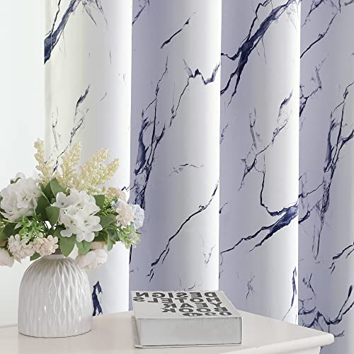H.VERSAILTEX 100% Blackout Curtains 84 inch Length 2 Panels Set Marble Designs Printed Drapes Thermal Curtains for Bedroom with Black Liner Sound Proof Curtains, Dark Blue - color: Marble- Dark Blue, size: 52"W x 84"L (Pack of 2)