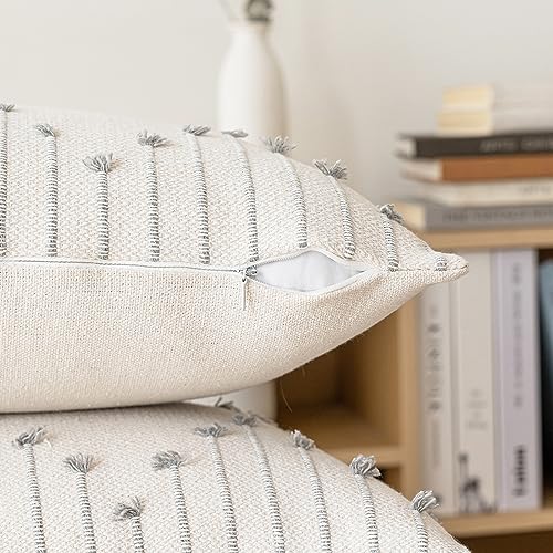 LILEPOY Boho Throw Pillow Covers 12x20 Farmhouse Lumbar Couch Pillow case - color: Beige and Grey, size: 20" x 12" (Pack of 2)