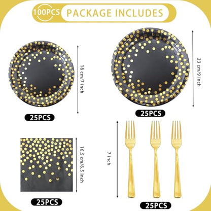 100pcs Black and Gold Plates and Napkins Halloween Party supplies - color: Black/Gold