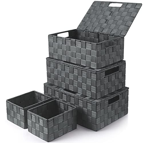 Storage Baskets with Lids: 5 Pack Stackable Woven Storage Bins, Grey - color: Grey, size: 5pack with Lids