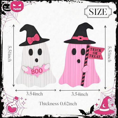 Valery Madelyn Pink Halloween Decor, Set of 2 Cute Halloween Ghost Decor, Witch Hat Boo & Trick or Treat Wooden Tabletop Signs for Home, Shelf, Tiered Tray Party Display, 5 Inch - size: Medium