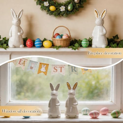 White Ceramic Bunny Figurine, 7.2 Inches Easter Bunny Statue, 1 Pcs Spring Easter Decor for Table Centerpiece, Mantel, Shelf, Windowsill Home Decor (Gold Ears)