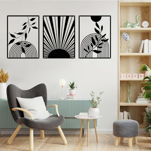 YIYA 3 Pieces Black Metal Wall Decor Black Modern Geometric Wall Decor Hanging Minimalist Line Wall Art for Bedroom Living Room Bathroom Balcony Gallery - style: Round and Leaf