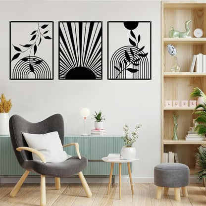 YIYA 3 Pieces Black Metal Wall Decor Black Modern Geometric Wall Decor Hanging Minimalist Line Wall Art for Bedroom Living Room Bathroom Balcony Gallery - style: Round and Leaf
