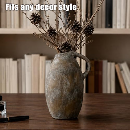 Rustic Ceramic Vase with Handle, 10.3 Inch, Farmhouse Decor, Brown - color: Brown