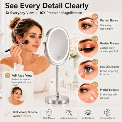 DEIOVWXS Makeup Mirror, Rechargeable Vanity Mirror with 3 Lights, 1X/10X - color: Nickel