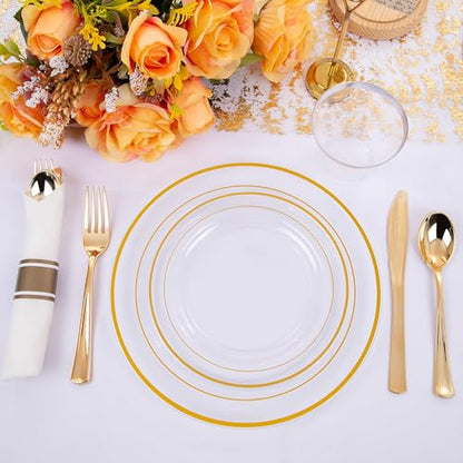WELLIFE 210PCS Clear-Gold Plastic Plates - Dinnerware Sets for 30 Guests - 60 Disposable Plates, 90 Plastic Silverware, 30 Cups, 30 Napkins for Party - color: Clear and Gold, style: 210PCS（30 Guests）