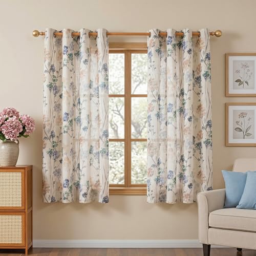 MYSKY HOME Floral Curtains for Bedroom Linen Look Semi Sheer Vertical Light Filtering Privacy Drapes Decor Farmhouse Style Texture for Bedroom Dining Room, Brown, W52 x L63, Pack-2 - color: A-brown, size: 52"W x 63"L (Pack of 2)