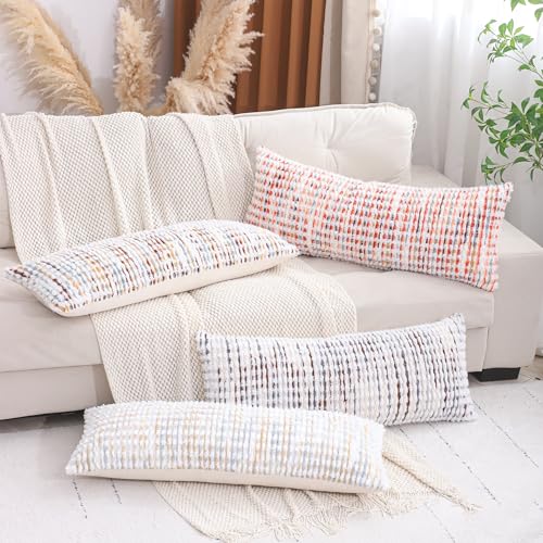 LUOYEHK Boho Throw Pillow Covers 14x36 Inch Chenille Tufted Pillowcase Farmhouse Neutral Cushion Covers for Couch Sofa Bed Living Room, Blue White (1 Piece) - color: Blue White, size: 36" x 14" (Pack of 1)