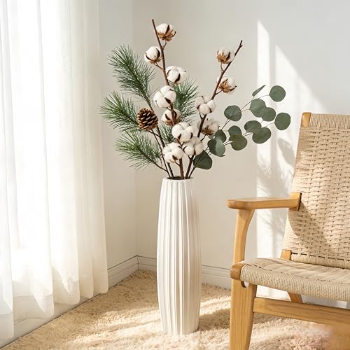 White Tall Ceramic Floor Vase, 28 Inch, Ribbed Drum Design - color: Vertical Stripes, size: Height-28 Inch