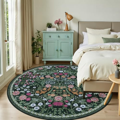 PLHXFR Round Area Rug Living Room: 8 ft Floral Washable Carpet Dark Green - color: Dark Green, size: 8' (Round)
