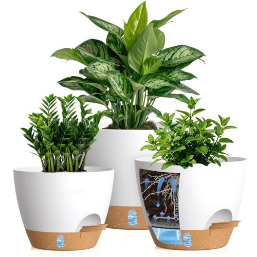 Self Watering Pots with Drainage Holes, 3 Pack 12/10/8 Inch Plant Pots with Water Level Indicator Deep Reservoir, Large Plastic Planter for Indoor Outdoor Plants - White Brown - color: White Brown, size: 12+10+8 Inch Set