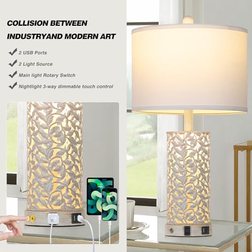 Cinkeda Morden Farmhouse Table Lamps Set of 2, Touch Control Bedside lamp with 2 USB Ports & AC Outlet,Vintage Nightstand Lamp with Nightlight for Bedroom Living Room Entryway,White - color: White-2