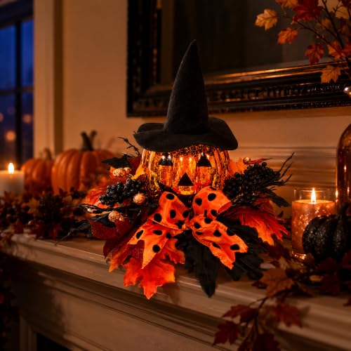 Svndlyn 15 Inch Lighted Halloween Pumpkin Decor with Witch Hat and Bow