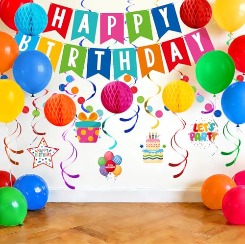 Happy Birthday Decorations Kit: Happy Birthday Banner,Birthday Circle Confetti Garland, Swirl Streamers, Honeycomb Balls, Birthday Balloons and Honeycomb Centerpiece for Kids' Birthday Party Supplies - style: BIRTHDAY