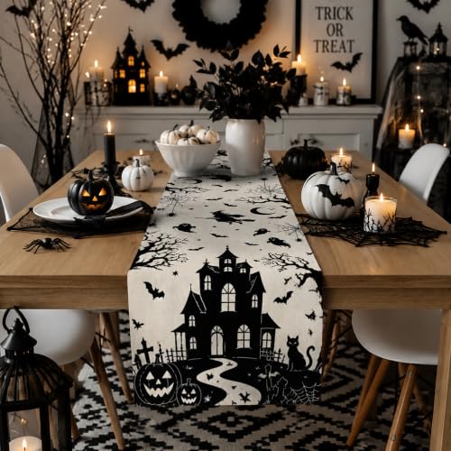 Halloween Decorations - Gothic Haunted House Witch Ghost Bat Table Runner - color: Halloween Haunted House