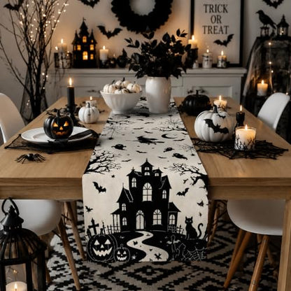 Halloween Decorations - Gothic Haunted House Witch Ghost Bat Table Runner - color: Halloween Haunted House