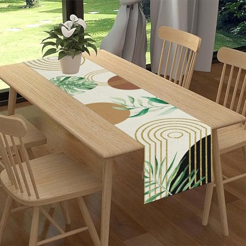 Boho Green Leaves Table Runner, Tropical Plants Palm Leaf Sage Abstract Bohemian Mid Century Table Center Decor for Family Kitchen Holiday Party Table Decorations Indoor Outdoor 13x36 inch - color: Boho Leaf-09, size: 13x36" Table Runner