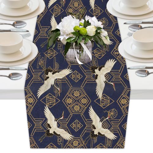AUUXVA Table Runner Japanese Traditional Vintage Crane Pattern Durable Luxury Dresser Scarf Tabletop Cloth for Wedding Dining Table Holiday Party Kitchen Home Decoration 13x70in - color: Japanese Crane, size: 13x70(in)