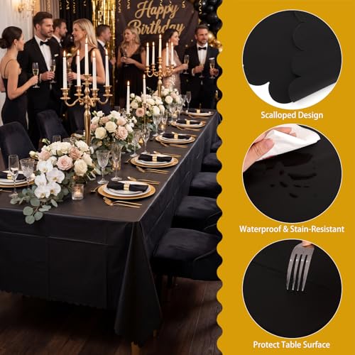 NatNarr 3 Pack Black Tablecloth Plastic, Scalloped Halloween Table Cloths - color: Black, size: 3 Pack