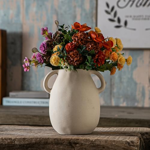 Tanvecle Beige Ceramic Vase with Handles, 7" Modern Farmhouse Decor - color: Beige
