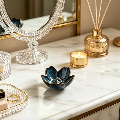 Floral Ceramic Jewelry Tray, 3.5" Ring Holder Trinket Bowl - color: blue
