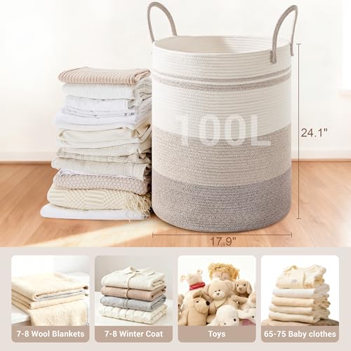 100L Extra Large Tall Cotton Rope Laundry Basket with Handle, Brown Striped - color: Brown Striped, size: 100L